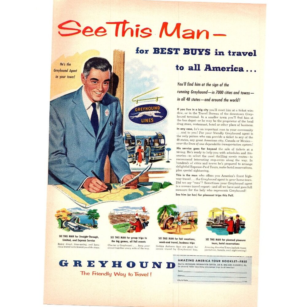 1952 Greyhound Bus Lines Vintage Print Ad Station Ticket Agent Counter Wall Art